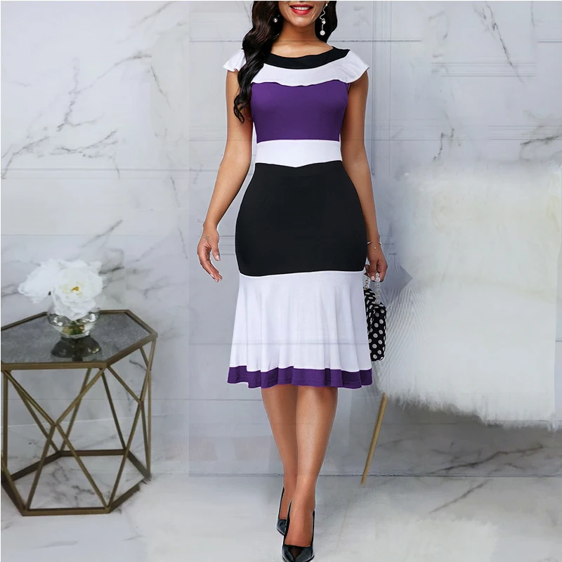 

OTEN Contrast Color Ruffle Round Neck Elegant Mermaid Dresses Cocktail Party Bodycon Women Sleeveless платье летнее Vestidos
