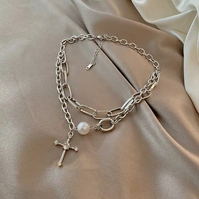 

Surprise Price Jewelry Korean Cool Pearl Cross Women's Small Luxury Design Simple Trend Clavicle Chain Necklace for Women