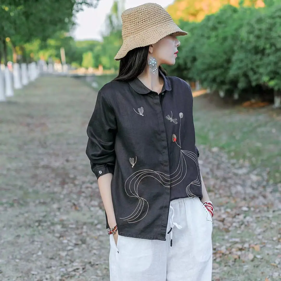 Женская рубашка с длинным рукавом QPFJQD свободная в стиле ретро национальном