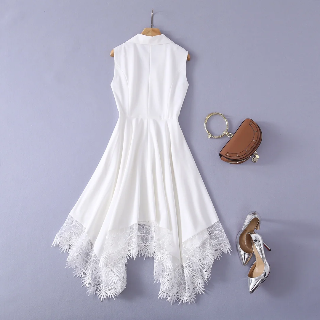 

HIGH QUALITY 2021 Summer Newest Women's Sexy V-Neck Double Breasted Sleeveless Patchwork Asymmetrical Lace Elegant Dress