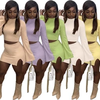 skmy going out outfit women solid color casual long sleeve crop top split short skirt two piece sets sexy party clubwear