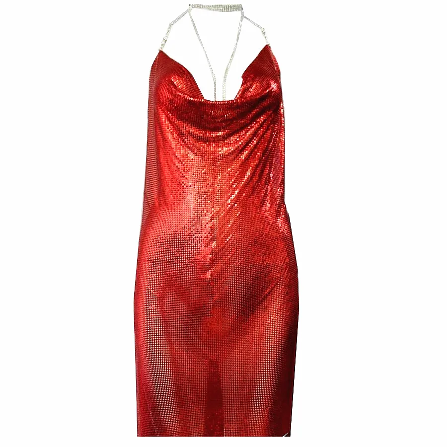Sex Party Dress For Club Women Red Metal Mesh Kendall Jenner Spaghetti Strap Sheath Hollow Out Spark Diamond Halter