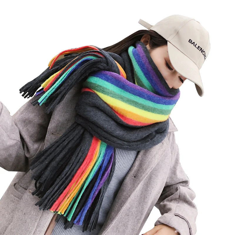 

Winter Fashion Rainbow Stripes Fashion Casual Women's Scarf Imitation Cashmere Neckerchief Tie-dye Color Matching Warm Shawl