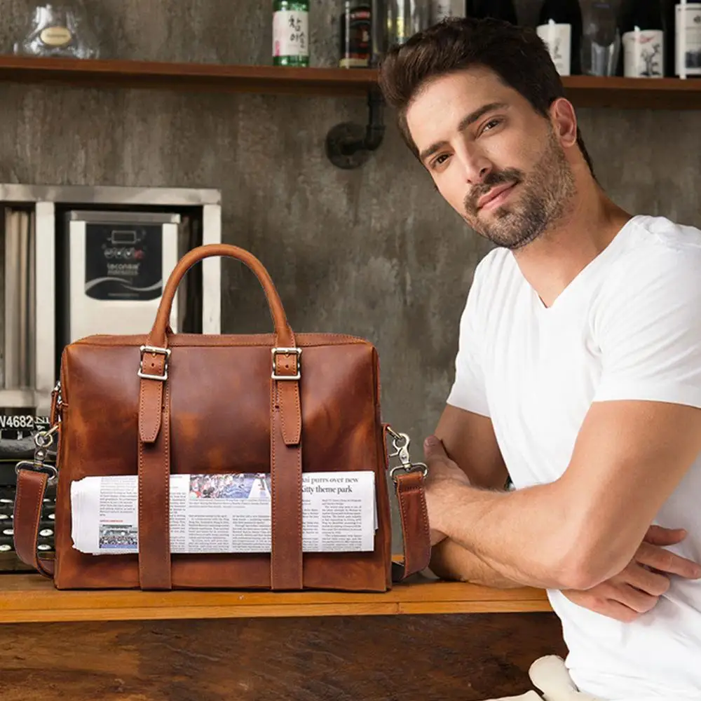 

Men Briefcase Bag Crazy Horse Leather Shoulder Messenger Bags Famous Brand Business Office Handbag for 13 inch Laptop Travel