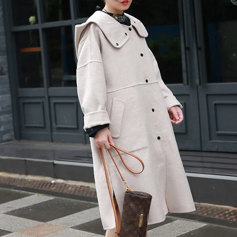 Женское пальто с капюшоном свободное двухстороннее шерстяное большого размера