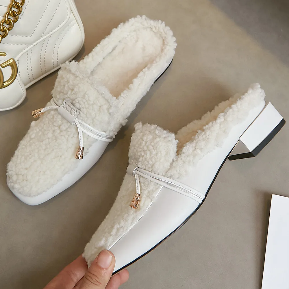 

Women's genuine leather plush patchwork slip-on winter flats mules square toe fringe fashion casual daily soft comfortable shoes