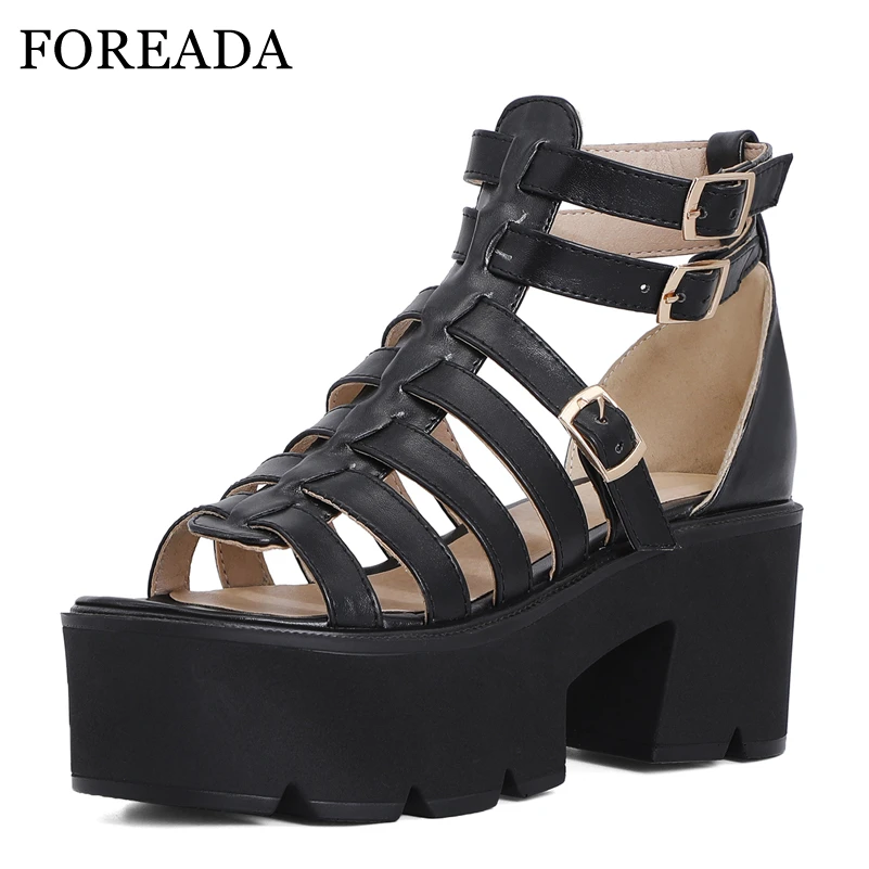 

FOREADA Woman Gladiator Sandals Shoes Platform Buckle Summer Shoes High Block Heels Sandals Ankle Strap Goth Style Sandals 35-43