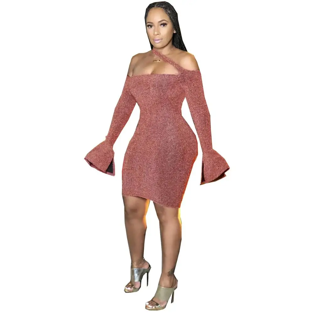 

Autumn Newest Solid Party Dress Women Strapless Flare Sleeve Bodycon Mini Dresses For Nightclub With Real Pictures Winter Wear