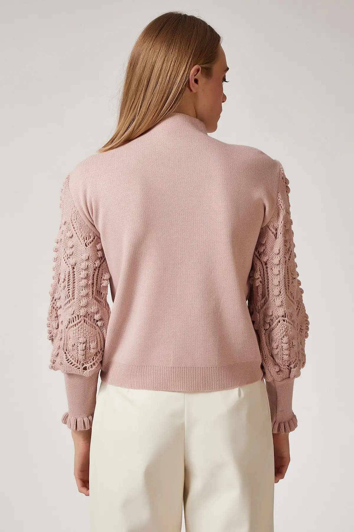 

Women's Light Pink Textured Bubble Sleeves Knitwear Sweater 2021 Fashion