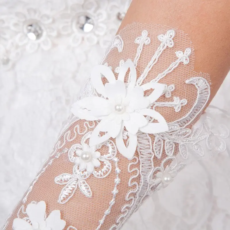 

Women Wedding Fingerless Gloves Lace Faux Pearl Floral Applique Bowknot Mittens
