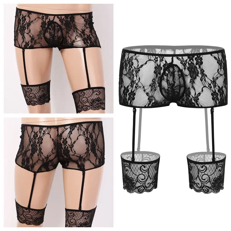 

Mens Sissy Leg Garters Belt Underwear See Through Floral Lace Transparent Boxer Briefs Gay Lingerie Low Rise Leg Harness Panties