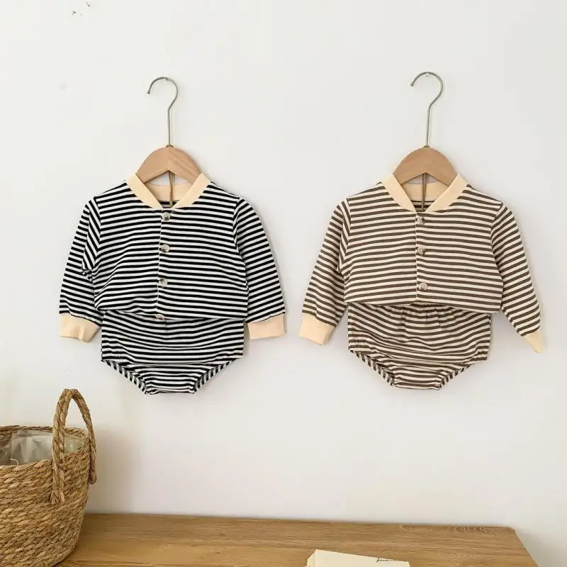 

Spring Autumn Newborn Baby Boys Girls Cute Long Sleeved Clothes Sets Toddler Kids Striped Cotton Jacket Tops+shorts Suits