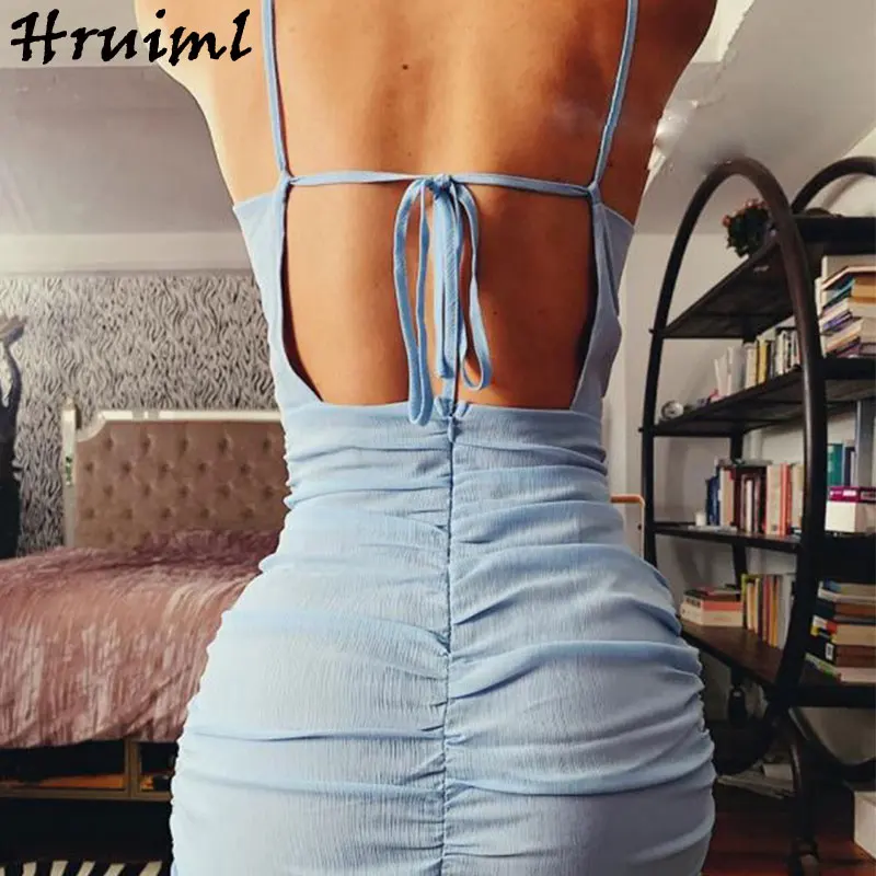 

Mini Sundress Spaghetti Strap Solid Color Backless Sexy Casual Dresses Drawstring Party Club Dress Women Summer Back Bandage