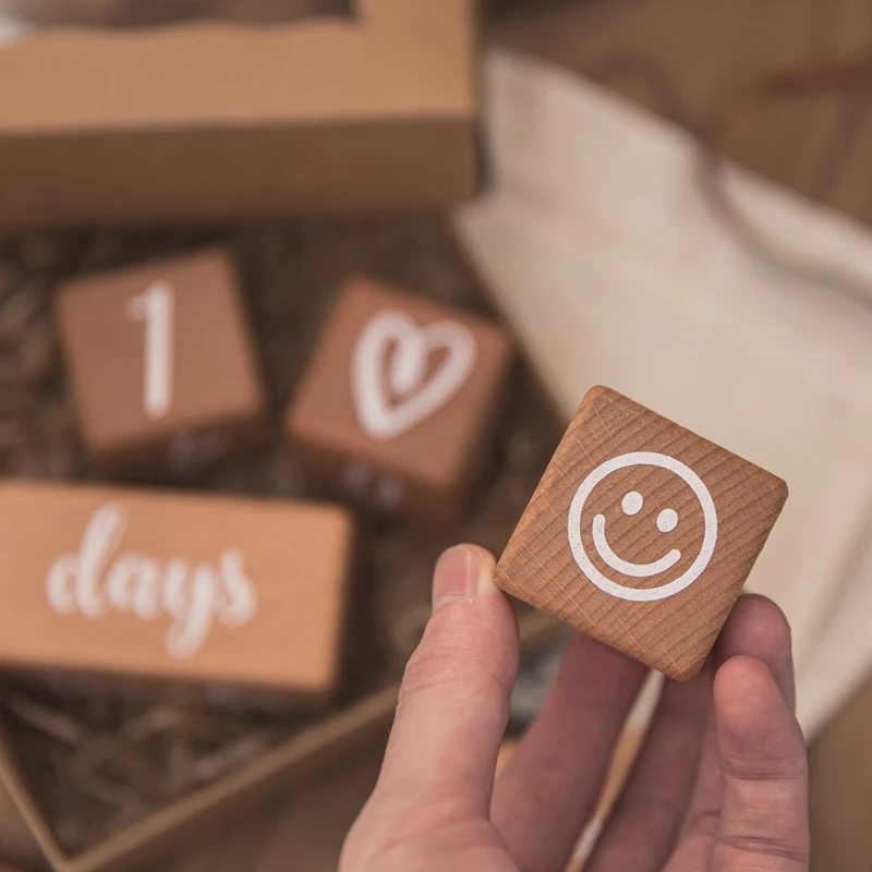 Juego de bloques de haya cuadrados grabados para acontecimiento, tarjeta para 12 meses de beb&eacute;, reci&eacute;n nacido, cumplea&ntilde;os, con accesorios de fotograf&iacute;a, set de 6 uds.-2
