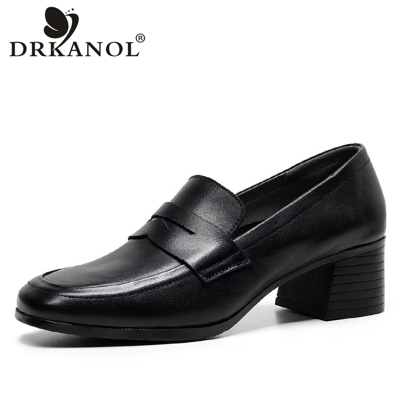 

Туфли-лодочки DRKANOL из натуральной кожи, без застежки, высокий каблук, квадратный носок, толстый каблук, Повседневная офисная обувь