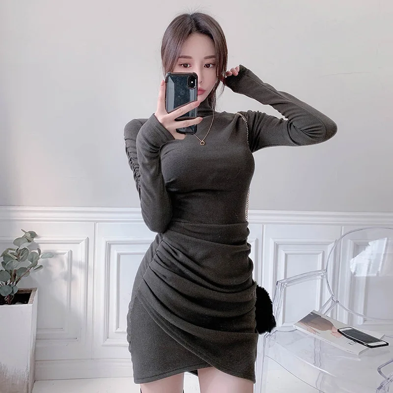 

Korean style high collar wrinkle show thin, slim fit, buttock bottomed dress Women's winter new style