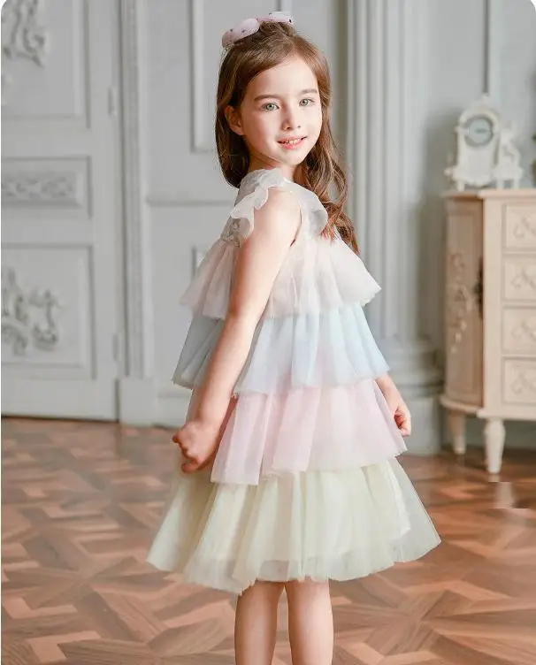 

Flower Girl Dresses With Bow Beaded Crystal Lace Up Applique Ball Gown Girls Dress Tiers Layers Rainbow Kids Party Birthday Dres