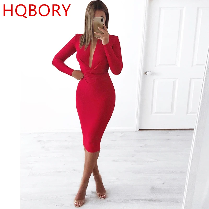 Женское трикотажное платье с длинным рукавом Красное Облегающее глубоким v