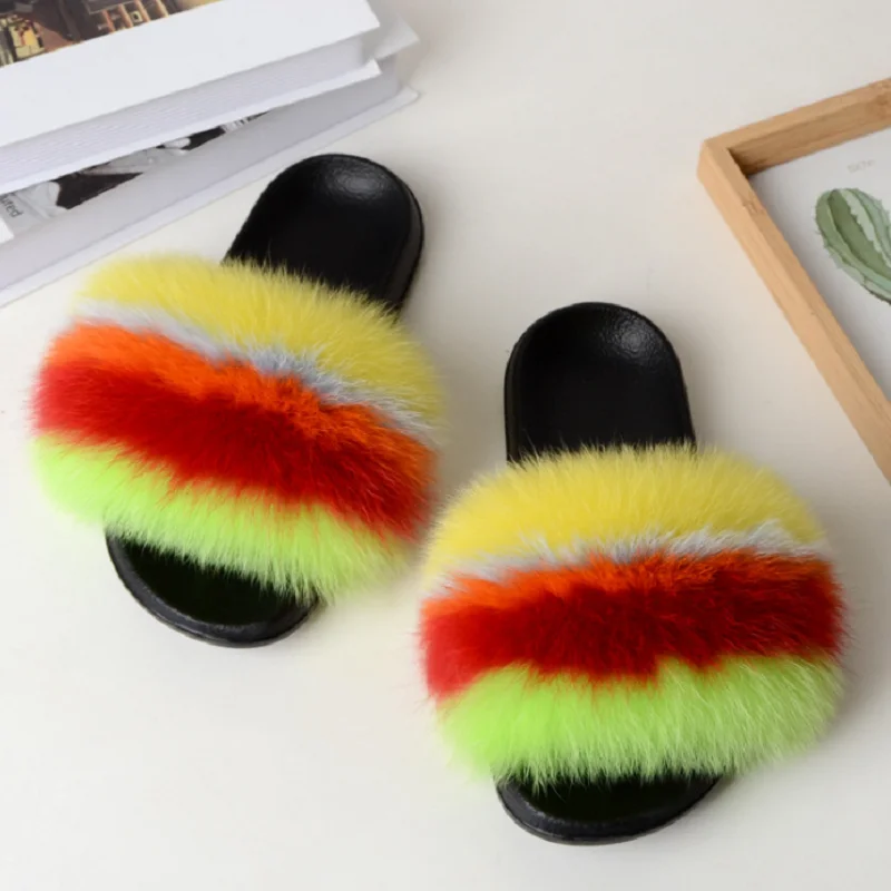 

Summer Women Raccoon Fur Slippers Ladies Plush Slides Female Furry Sandals Fluffy House Shoes Girl's Cute Flip Flops Large Size