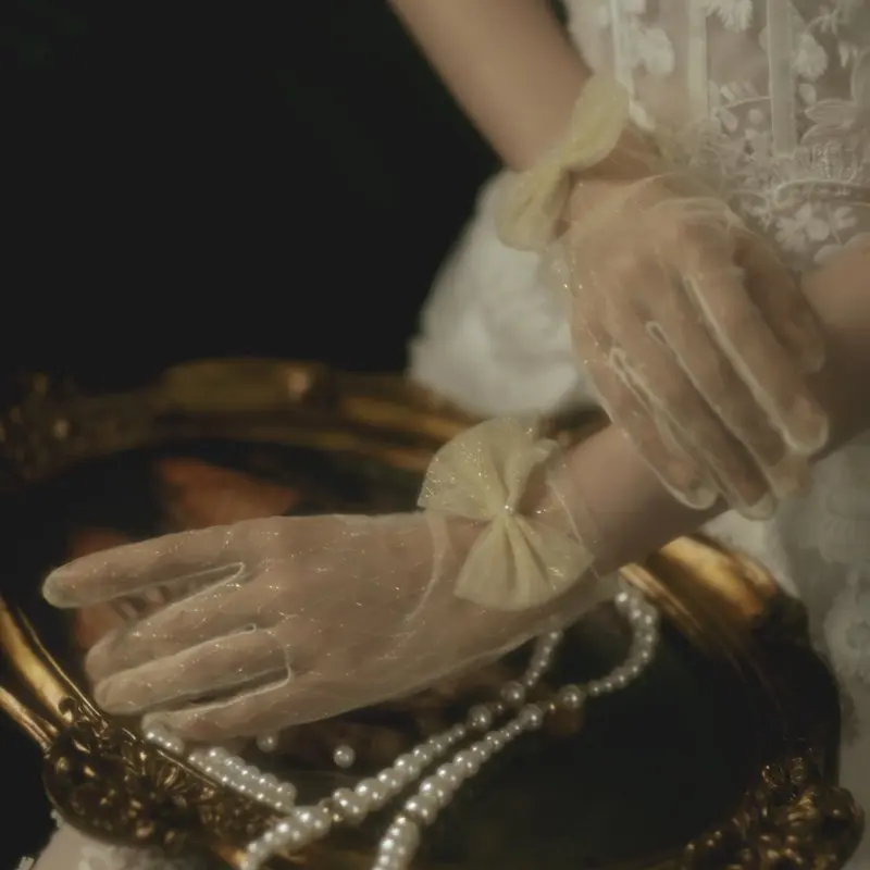 

Wedding Gloves For Bride Guantes Gold Lace Bow-knot Fingers Short Champange Tulle Gloves Wedding Dress Accessories