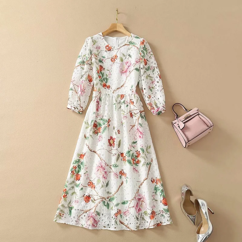

Luxury Dress New 2021 Spring Summer Style Runway Women Charming Floral Print Hollow Out Embroidery Half Sleeve ALine White Dress