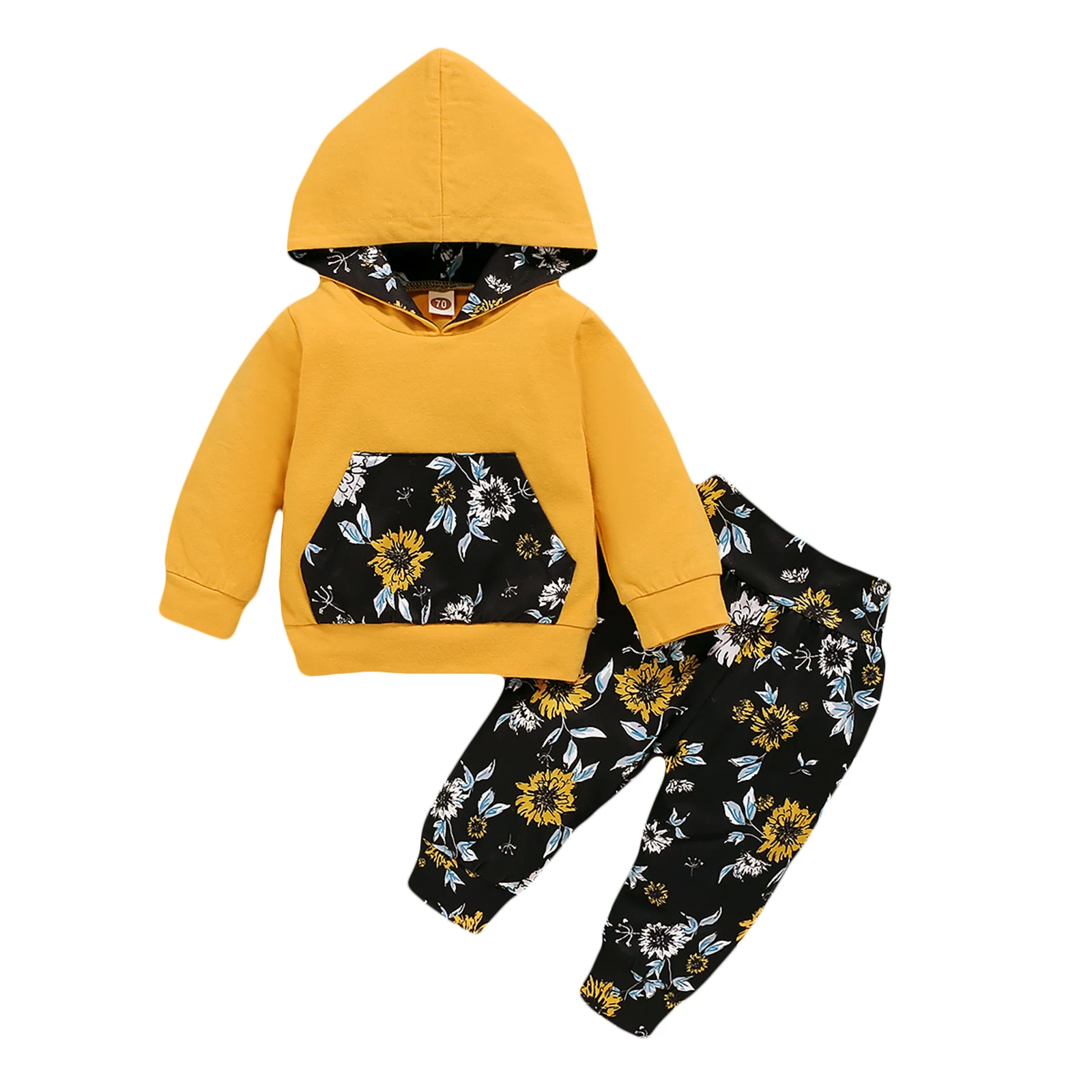 

Lioraitiin 0-18M 2Pcs Toddlers Tracksuit, Floral Splicing Hooded Long Sleeves Sweatshirt + High-Waist Pants for Baby Girls