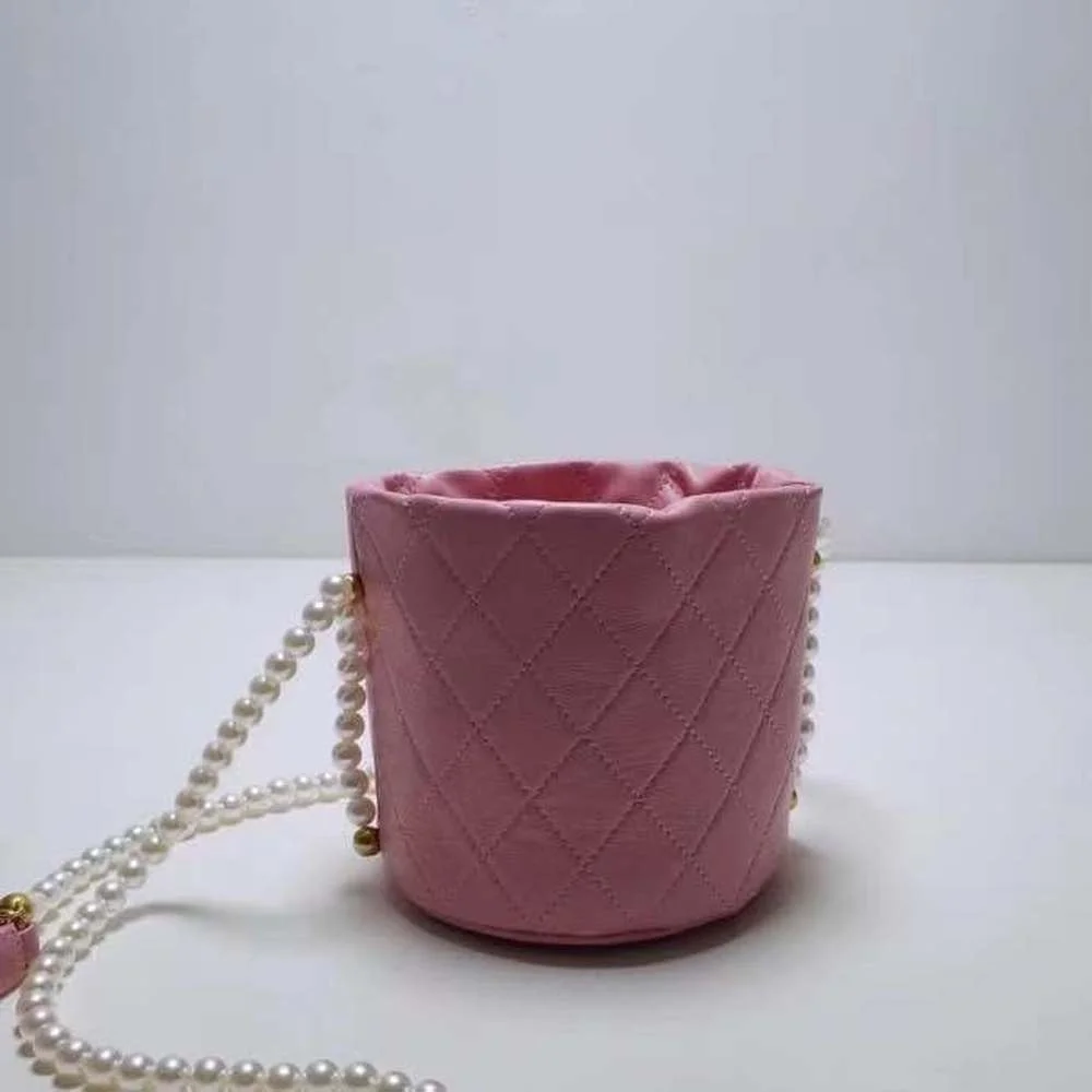 

New Mini Checkered Bucket Bag Pearl Chain Bag Luxury Leather Drawstring Ladies Brand Lipstick Bag Wallet Shoulder Bag