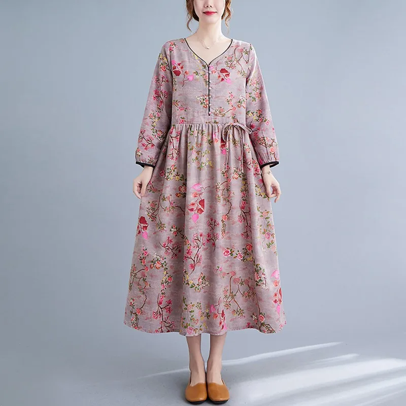 

Женское Элегантное Длинное Платье Новое поступление осень 2021 винтажные Свободные повседневные платья из хлопка и льна с цветочным принтом ...