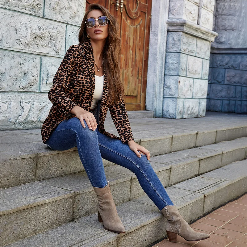 

Autumn sexy long sleeve women's cardigan fashion leopard print flip tie button Blazer coat