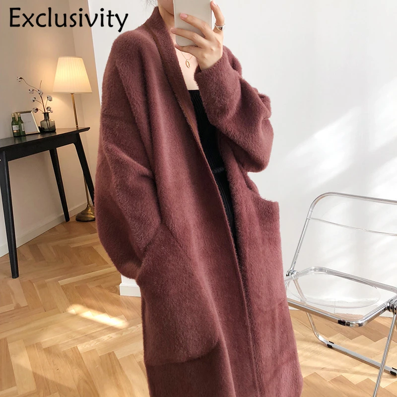 

Imitation Velvet Coats Jackets Women's Long Section Autumn And Winter New Loose Knit Sweater Coat Women's Clothing Wool Blends