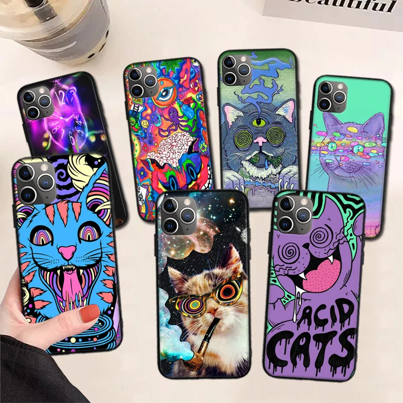 

Colourful Psychedelic Cat Trippy Black Phone Case For Apple iPhone 11 13 Pro Max 12 Mini X XS XR 7 Plus 6 6S 8 + SE 5S Pattern