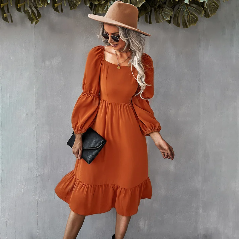 

Elegant Midi Dresses Women Clothes Spring Autumn Lantern Sleeve Square Collar Midi Dress Casual Retro A-Line Dresses Vestidos