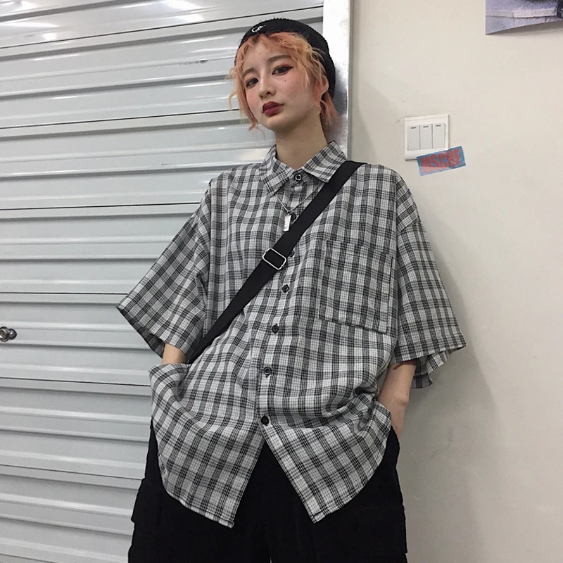 Рубашка в клетку с коротким рукавом Свободная блуза Корейском стиле Ретро стиль