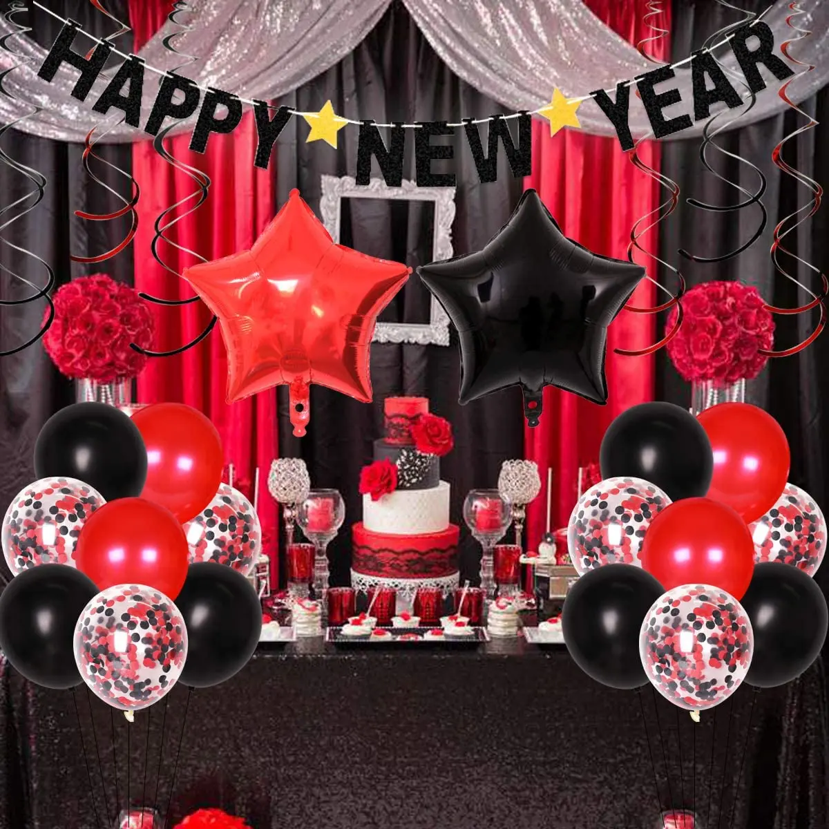 

Red Black New Year Eve Party Decorations Supplies Balloon Set with Star 2022 Foil Balloon Happy New Year Banner Hanging Swirls