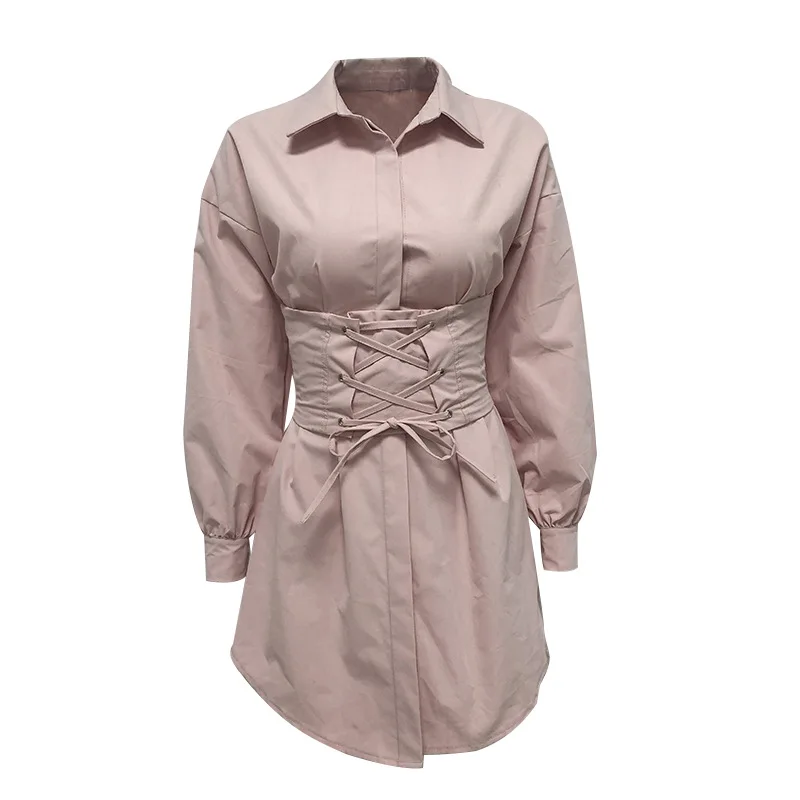 

Long Sleeve Shirt Dress with Corset Belt Casual Summer Dress Women Vintage Sexy Pink Fashion Party Dresses Mini White Dress