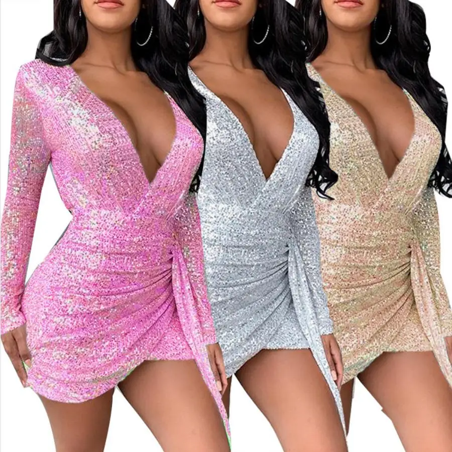 

Women Elegant Sequins Above Knee Long Sleeve Irregular Hem Tunic Drapped V-neck Bodycon Mini Dress Party Dresses Vestidos