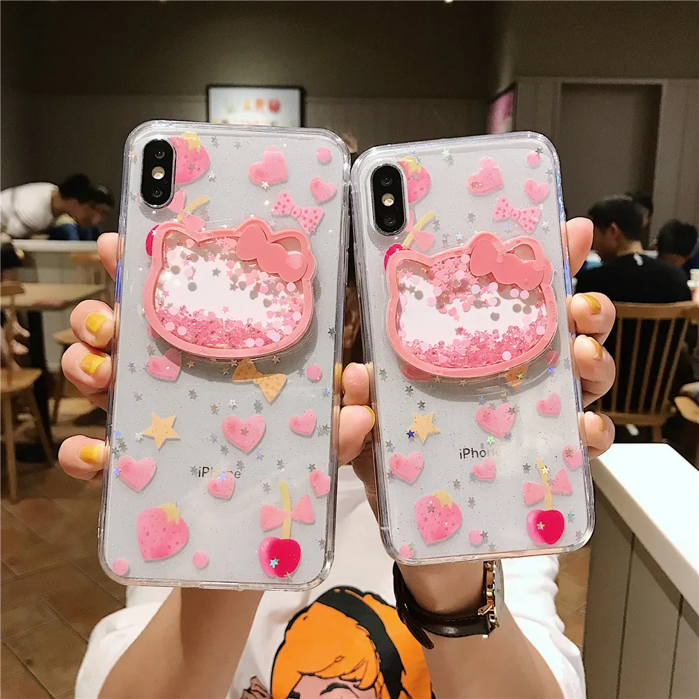 Милый розовый блестящий чехол Hello kitty из ТПУ с блестками для iPhone 11 6s 7 8 Plus X XR XS MAX love heart сыпучий песок украшение лазерный чехол