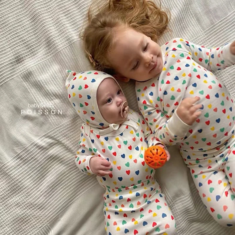 Engepapa impresi&oacute;n amor beb&eacute; reci&eacute;n nacido camisa de manga larga + polainas 2 uds de algod&oacute;n suave dulce pijamas ropa de entre Casa ropa infantil ropa-5