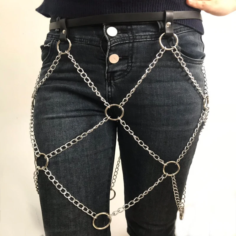 Женский ремень в стиле панк из серебристой кожи с металлической цепочкой