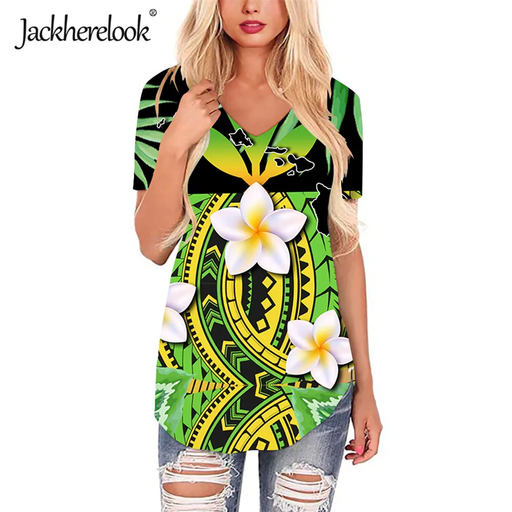 

Jackherelook Polynesian Traditional Tribal Print Casual Woman Tops Shirts Hawaiian Hibiscus Design Loose Female T Shirts Mujer