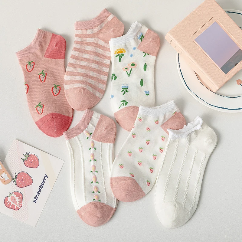

Strawberry Print Socks Japanese Thin Ankle Sock Spring Summer Cotton Breathable Boat Socks Invisible Non-slip Fashion Ankle Sock