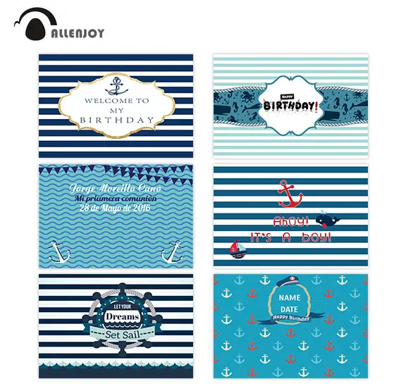 

Allenjoy Birthday Background for Boy Navy Blue and White Stripes Anchor Party Baby Shower Backdrop Photocall Photobooth Banner