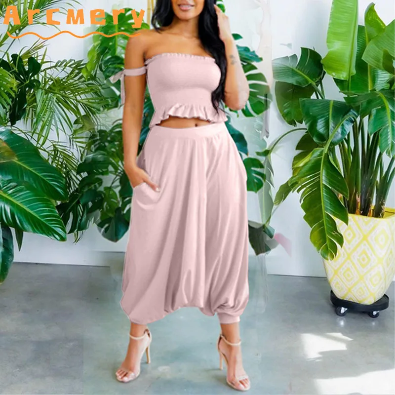 

2 Pieces Pants Sets Women Casual Off Shoulder Crop Top & Wide Leg Pants
