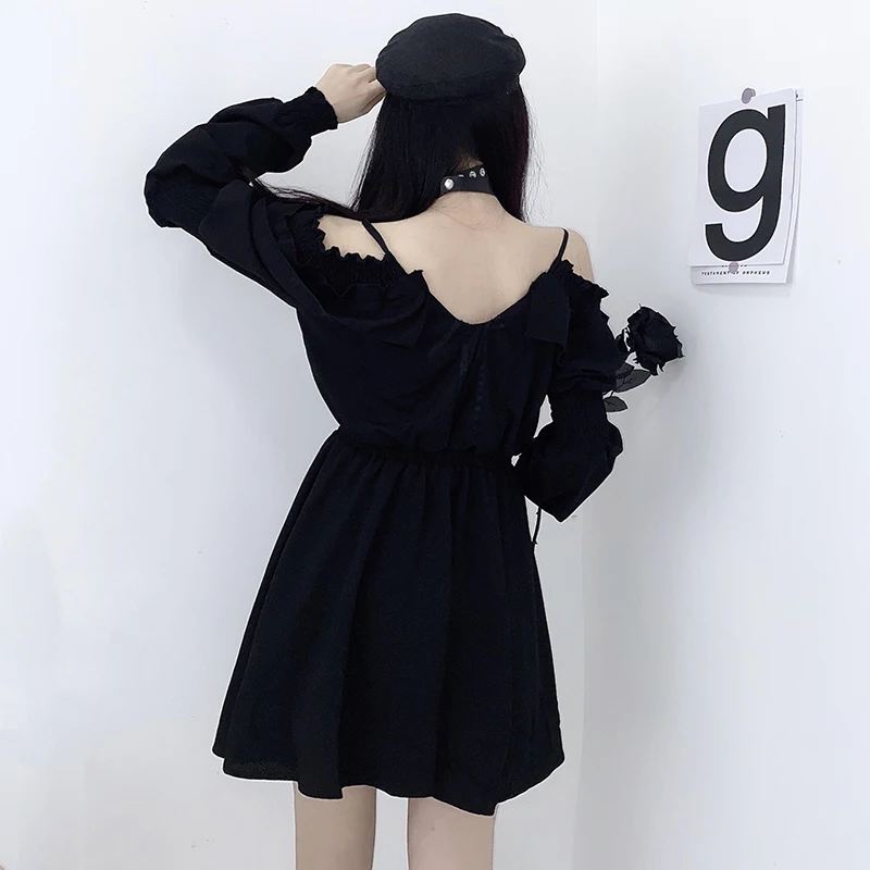 

Plus Size 4XL Black Dress Women 2021 Summer Long Sleeve Gothic Dresses Off Shoulder Lace up Sexy dress vestidos