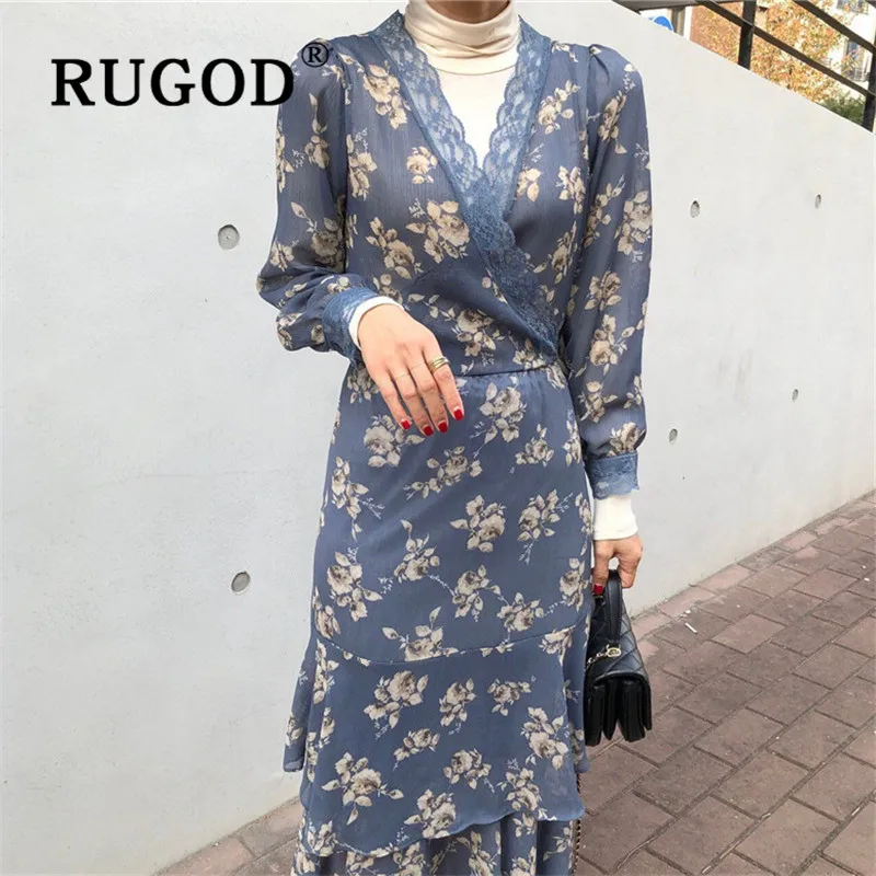 Женское ретро-платье RUGOD корейское цветочное Макси-платье с длинными рукавами