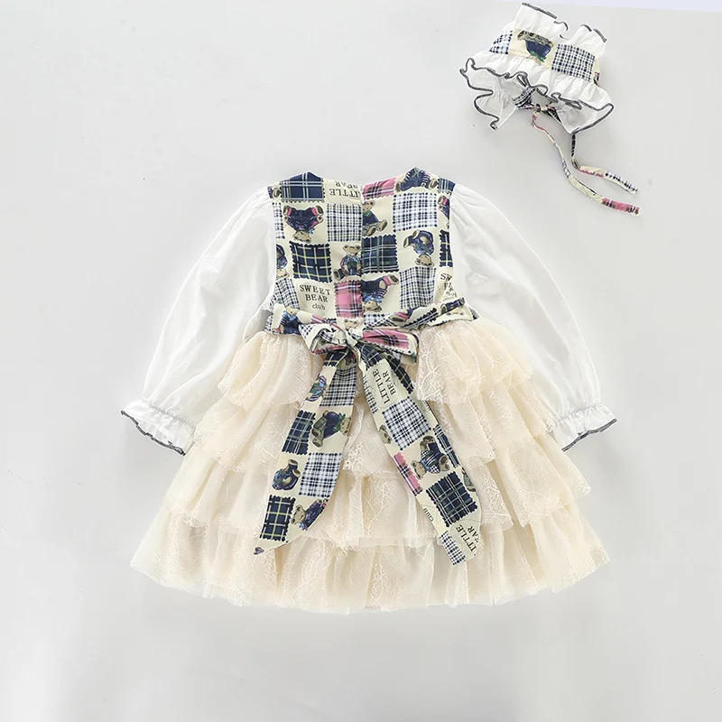 

2021 Wholesale Girls Spanish Dress with Headwear Kids Long Sleeve Print Bear Lotia Ball Gowns Toddler Spain Boutique Clothes