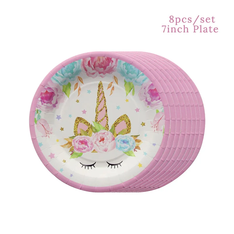 8pcs 7 inch plate WEIGAO Единорог на день рождения декорации фоторамка реквизит Единорог шар чашки тарелки салфетки Дети День рождения Единорог вечерние принадлежности - Цвет: 8pcs 7 inch plate
