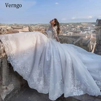 verngo elegant lace applique long sleeves wedding dress sheer neck a line bride gowns court train lace back 2021 bridal dresses
