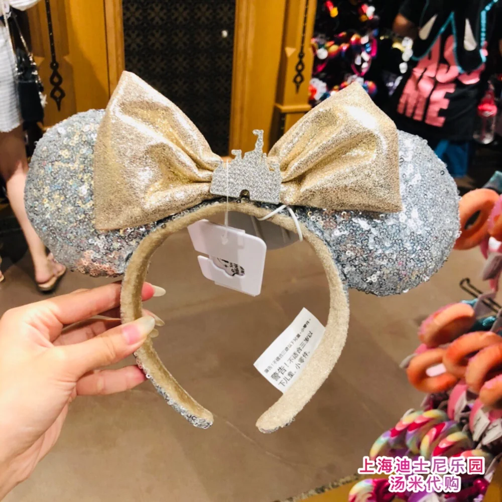 

Disney Parks Sequins Castle Jewel Silver Bow Disneyland Minnie Ears Headband new