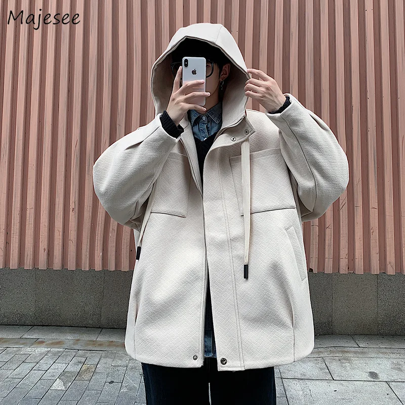 

Men Wool Hooded Coats Drawstring Multi-pockets Chic Teens Ins Harajuku Short-style Solid Mens Blends Jacket Oversize Streetwear